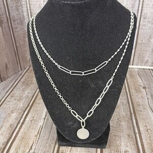 Silver Layered Chain Necklace with Round Circle Pendant Design